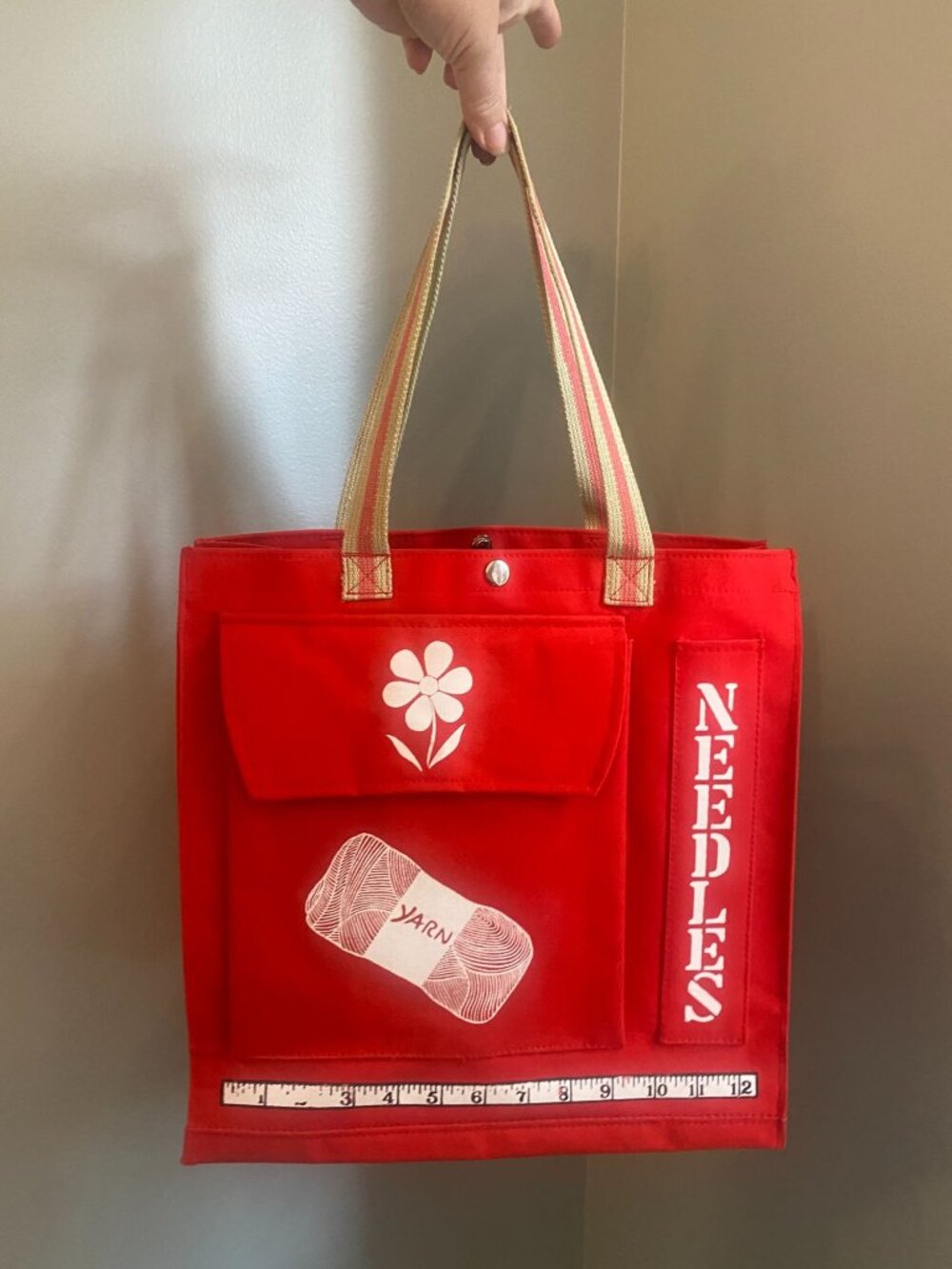 Vintage Red Canvas Knitting Tote With Flower & Yarn Print
